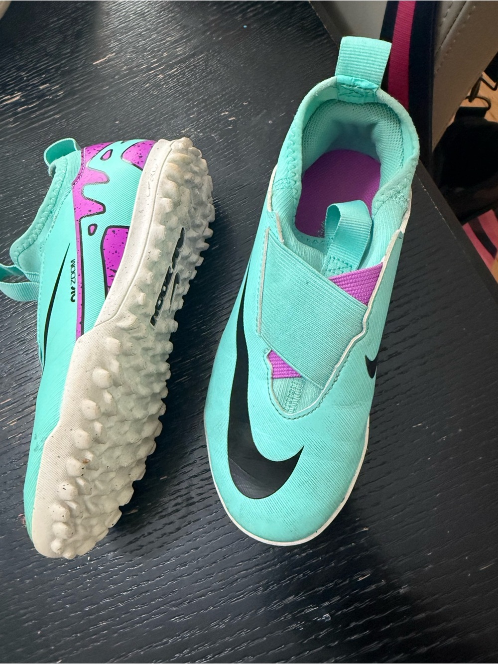 Nike Turquoise and Purple Slip-On Soccer Turf Shoes with Black Swoosh